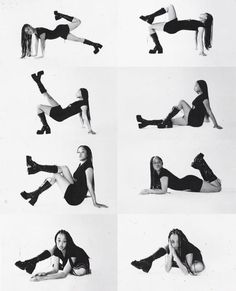 black and white photograph of woman doing different poses with legs spread out in the air