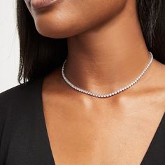 Lead the pack in style wearing this captivating lab-created diamond tennis choker necklace in white gold. Crafted in cool 10K white gold Round lab-created diamonds line this design in sparkle. Radiant with 4 cts. t.w. of lab-created diamonds This 15.0-inch choker necklace secures with a box clasp. Formal Diamond Tennis Necklace Choker, Formal Diamond Tennis Choker Necklace, Diamond White Tennis Necklace With Clavicle Chain, White Gold Clavicle Tennis Necklace, Classic Tennis Choker Necklace For Formal Occasions, Classic Formal Tennis Choker Necklace, Minimalist Tennis Necklace With Vvs Clarity, Classic Tennis Necklace With Clavicle Chain, Minimalist White Tennis Necklace