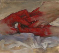 a painting of two hands touching each other on a white cloth covered bed with sheets