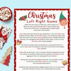 the christmas left right game is displayed next to some candy and other holiday treats on a blue background