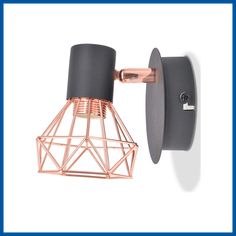 an image of a wall light with wire and metal cage on the side, measurements