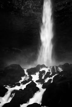 a black and white photo of a waterfall