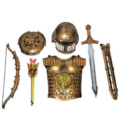 an assortment of medieval armor and swords