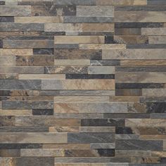 a wall made out of different types of wood and stone tiles, with black and brown stripes