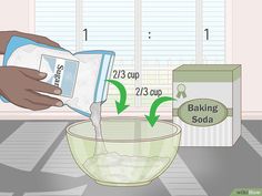 a person pouring flour into a bowl with an empty container next to it and instructions on how to use baking soda