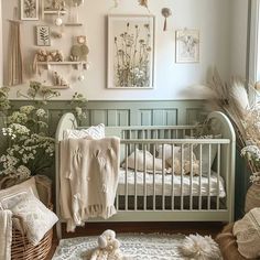 a baby crib in a room with pictures on the wall and flowers around it