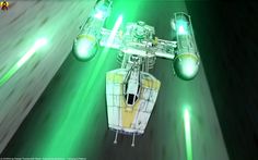 an image of a space ship in the air with green light coming from behind it