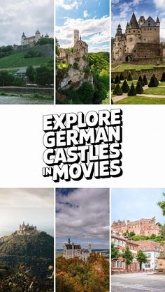 the collage shows many different castles and buildings in europe, with text overlaying them