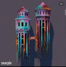 an image of two tall buildings made out of different colored shapes and sizes, with the words snapple below them