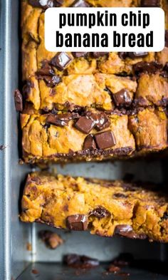 pumpkin chip banana bread with chocolate chips on top and text overlay that reads pumpkin chip banana bread