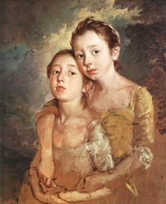 two women are hugging each other in this painting