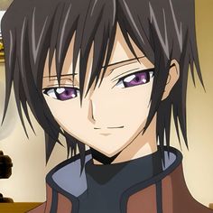 an anime character with black hair and purple eyes looks at the camera while standing in front of a counter