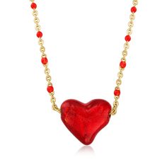 Ross-Simons - Italian Red Murano Glass Heart Necklace Over Sterling. 18". Bold color and artsy vibes abound in this Italian-made masterpiece! Front and center is a handcrafted red Murano glass heart stationed on an 18kt yellow gold over sterling silver cable chain dotted with red enamel. Murano glass is unique and may vary. Includes 2" extender. Lobster clasp, red Murano glass heart necklace. Glass Heart Necklace, Simple Silver Jewelry, Lampwork Jewelry, Detailed Necklace, Sterling Silver Bangle Bracelets, Beaded Drop Earrings, Heart Drop Earrings, Bangle Bracelets With Charms, Silver Bangle Bracelets