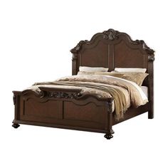 a bed with wooden headboard and foot board, made in dark brown wood finish