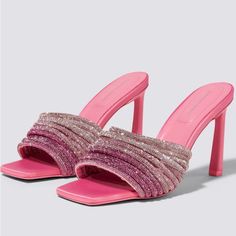 The Lena Crystal Heeled Mule In Taffy. Monochromatic, Heeled, Square Toe Mule With Multi-Strap Arch Adorned With Metallic Crystal Embellishment. Pink Single Toe Strap Heels For Evening, Pink Evening Heels With Single Toe Strap, Glamorous Pink Sandals, Slippers Heels, Girl Money, Pink Mules, Evening Heels, Heeled Mule, Heels Sneakers