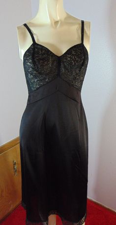 Vintage 50s or 60s black Lace full slip XS 33 Bust Lace cups & trim by TheScarletMonkey on Etsy Petticoat, Sleeveless Formal Dress, Black Lace