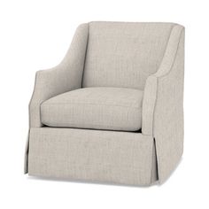 an upholstered arm chair with a beige fabric seat and back, viewed from the front