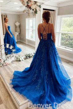 Princess A Line Lace Appliques Royal Blue Tulle Long Formal Dresses Prom Dresses Blue Lace Prom Dress, Formal Prom Dresses Long, Marine Uniform, Lace Formal Dress, Blue Evening Dresses, Blue Tulle, Custom Size Dresses, A Line Prom Dresses, Prom Dresses Online