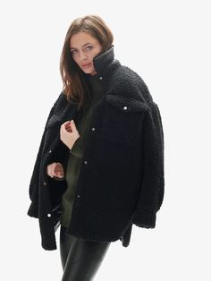 Woman Padded Wool Shirt Jacket - Black – Holden Outerwear Oversized Winter Shacket For Cold Weather, Oversized Outerwear With Faux Fur Lining For Cold Weather, Black Long Sleeve Fur Coat With Pockets, Cozy Black Wool Outerwear, Oversized Black Fleece Jacket For Fall, Oversized Fleece Jacket For Fall, Oversized Fleece Jacket With Fleece Lining For Fall, Oversized Long Sleeve Outerwear With Faux Fur Lining, Black Long Sleeve Shacket For Winter