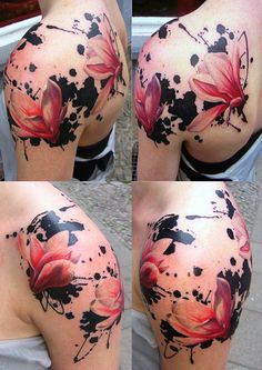 four pictures of the back of a woman's shoulder with flowers painted on it