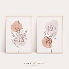 two framed art prints with leaves on them, one is pink and the other is brown