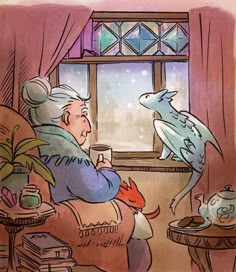 an old man sitting in a chair watching a fish out the window