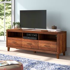 an entertainment center with a flat screen tv on it's stand in a living room