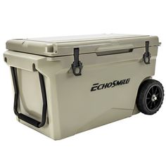 an ice chest cooler with wheels and handles on the front, shown from the side