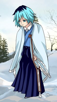 an anime character with blue hair is standing in the snow wearing a long skirt and coat