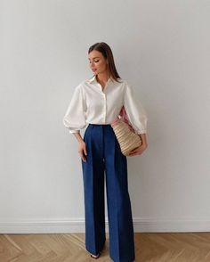 What To Wear With Navy Pants: 11 Everyday Outfits - The Wandering Girl Business Casual Outfits Blue Pants, Blue And White Semi Formal Outfits, Navy Blue Formal Outfits For Women, Dress Slacks Outfit Classy, Navy Professional Outfits Women, Formal Trousers Women Outfit, Navy Formal Outfit, Blue Interview Outfit Women, Blue Formal Pants Women