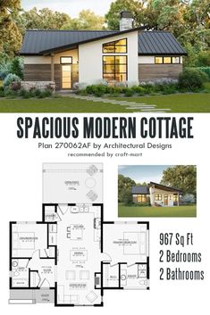 the floor plan for a modern cottage with two bedroom and an open living area in it