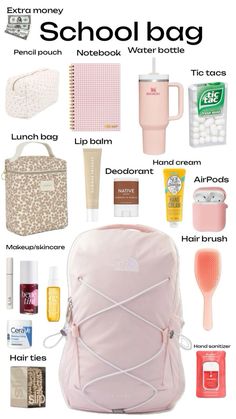 School Beauty Bag Essentials, Preppy Stuff For School, School Bag Packing List, What To Put In Bag For School, Stuff To Keep In Your Backpack, Backpack Ideas Aesthetic, What’s Inside My School Bag, Essential Bag School, School Bag Essentials Aesthetic