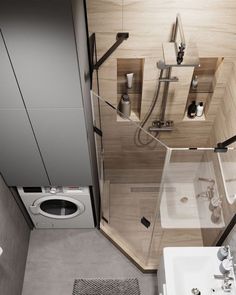 a bathroom with a sink, toilet and shower stall is shown in this aerial view