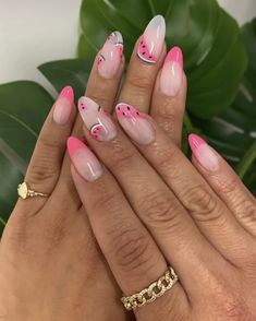 Simple Watermelon Nails, Almond Summer Nails Design, Bright Summer Nails Almond, Pink Watermelon Nails, Summer Nails2024, Nails Summer 2024 Almond, Nail Art Ete, Watermelon Nails Design, Summer Nail Art 2024