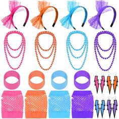 PRICES MAY VARY. Women 80s Accessories: there are 4 pairs of fishnet gloves, 4 pairs of 80s earrings, 4 pieces of 80s headbands, 4 pieces of necklaces and 40 pieces of bracelets, nice 80s costume accessories to wear at retro party, Halloween, masquerade Quality Material to Use: the fingerless gloves are made of nylon and fabric, designed to be fishing nets, serviceable and reliable; The bracelet is made of silicone, elastic and safe, comfortable to wear, and the headband is covered with lace and 80s Headbands, 80s Themed Party, 80s Accessories, Wrist Gloves, Fishnet Gloves, Jelly Bracelets, 90s Accessories, 80s Earrings, 80s Costume