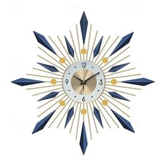 a clock that is on the wall with blue and yellow arrows around it's face