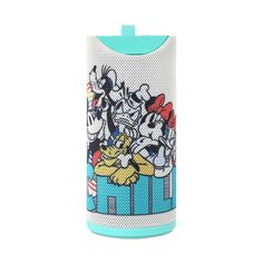 a blue and white can cooler with cartoon characters on it