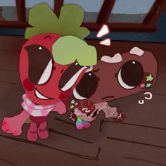 two cartoon characters standing next to each other in front of a wooden floor and window