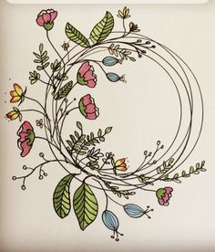 a drawing of flowers and leaves in a circle