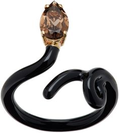 Handcrafted open band ring in black enameled sterling silver. · Prong-set drop-cut 0.76 ct smoky quartz · 9k yellow gold hardware Supplier color: Black Open Hoop Earrings, Smoky Quartz, Black Enamel, Gold Hardware, Black Rings, Free Jewelry, Prong Setting, Band Rings, Black Leather