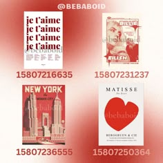 several posters are displayed on a red and white background with the names of different cities