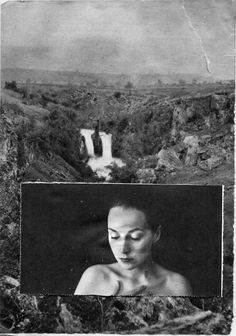 a black and white photo of a woman in front of a waterfall with her eyes closed