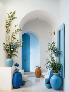 blue and white vases are on the floor in front of an archway with plants