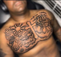 Rip Tattoos For Men Chest, Chest Stencil Tattoo, Tricep Tattoo Men Ideas, Half Chest Tattoo Men, Chest Tattoos Men's Ideas, Chest Tattoo Men Ideas Black Man, Men Chest Tattoo Ideas, Half Chest Tattoo Men Ideas, Name Tattoos For Men