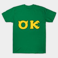 a green t - shirt with the word ok written in yellow on it's chest