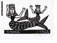 a drawing of two mermaids sitting on the back of a boat with their arms in the air