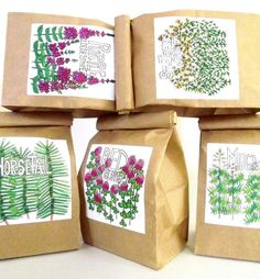 four brown bags filled with different types of plants