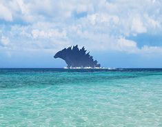 a large animal floating on top of the ocean next to a sandy beach under a blue cloudy sky