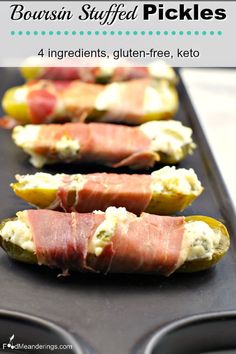 bacon stuffed pickles on a baking sheet with text overlay