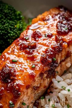 salmon with cranberry sauce served over rice and broccoli